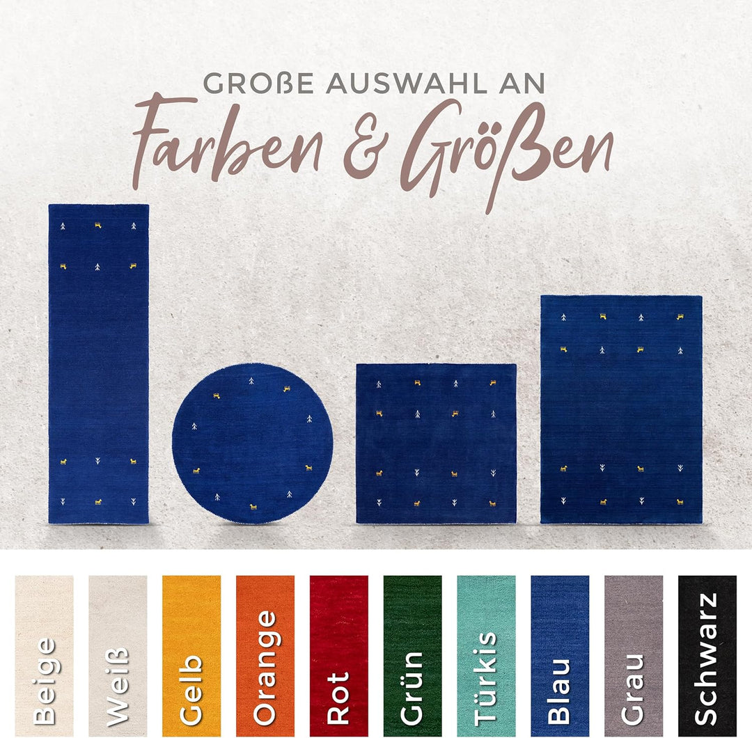 carpetfine Wollteppich Gabbeh Uni Blau 60x90 cm | Moderner Teppich für Wohn- und Schlafzimmer 60x90