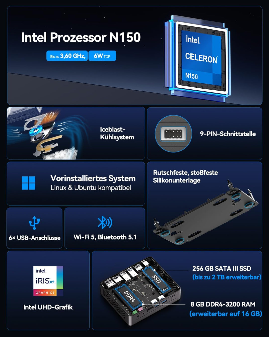 GEEKOM Air12 Lite Mini-PC – Intel Alder Lake N100 Prozessor (bis zu 3,4 GHz), 8GB DDR4 RAM + 256GB S