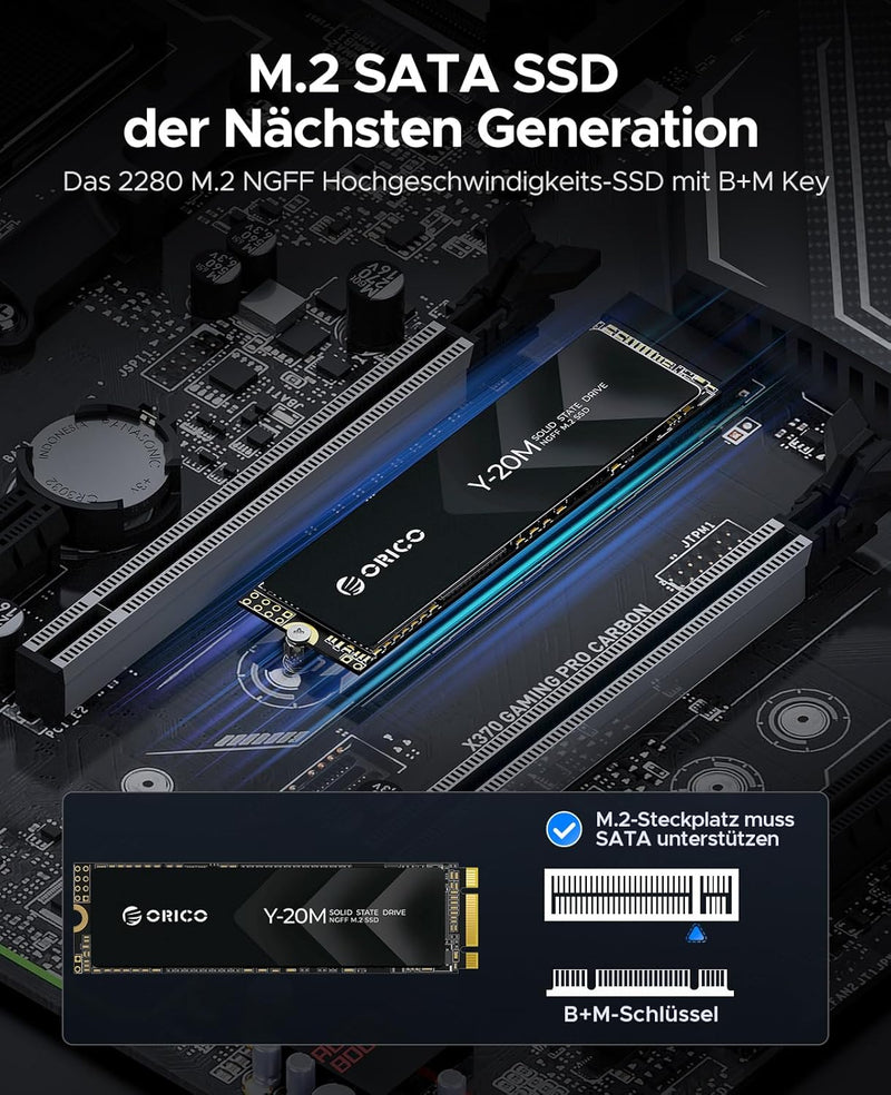 ORICO 256GB M.2 2280 SATA SSD, SATA III 6Gbps M2 SSD mit B+M Schlüssel, 500MB/s Internes Solid State