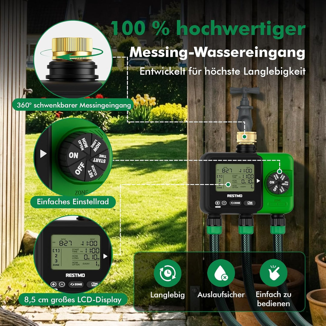 RESTMO 3 Zonen Bewässerungscomputer, grosses Display bewässerungsuhr, automatisch/manuell/Regenverzö
