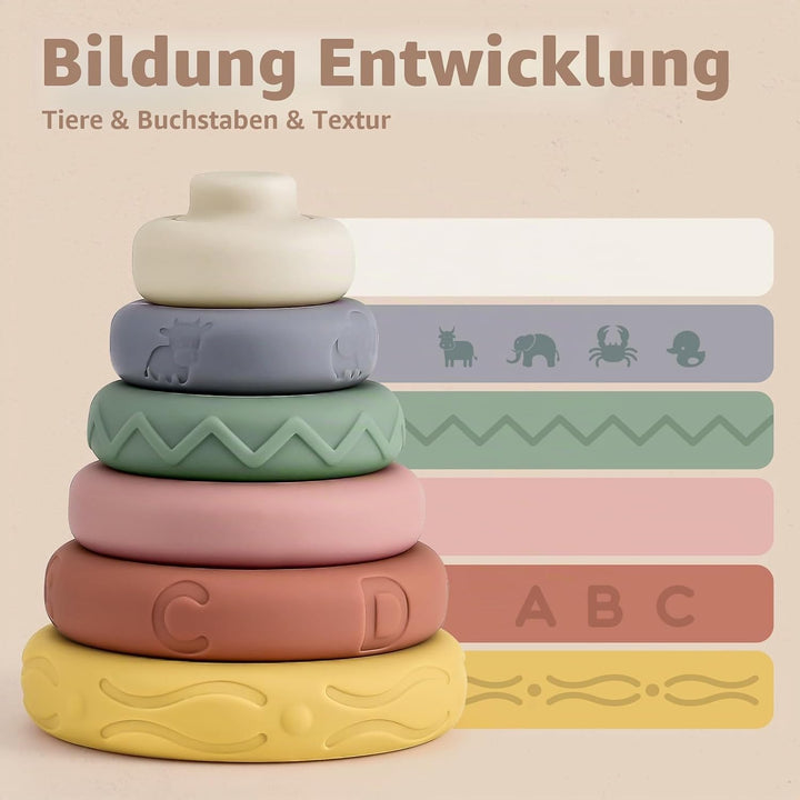 Mini Tudou 6 Stück Stapelspielzeug mit Ringen,Stapelturm & Beissringe für Stapelspiel,Squeeze Zahnen