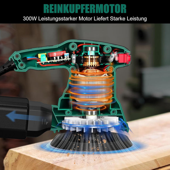 Exzenterschleifer, HYCHIKA 300W Schleifmaschine, 6 Gänge, mit 12 pcs Schleifpapier (Körnung 80/120/2