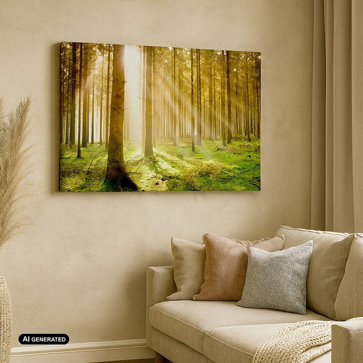 Bilder auf Leinwand 100x70cm Leinwandbild mit Rahmen Bäume Sonne Natur Gross Wanddeko Bild Schlafzim