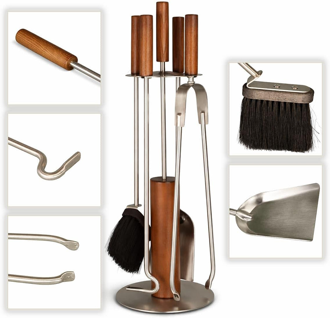 MS Beschläge Kaminbesteck Edelstahl mit Holzgriffen 5-teilig - Kamingarnitur modern - Kaminzubehör S