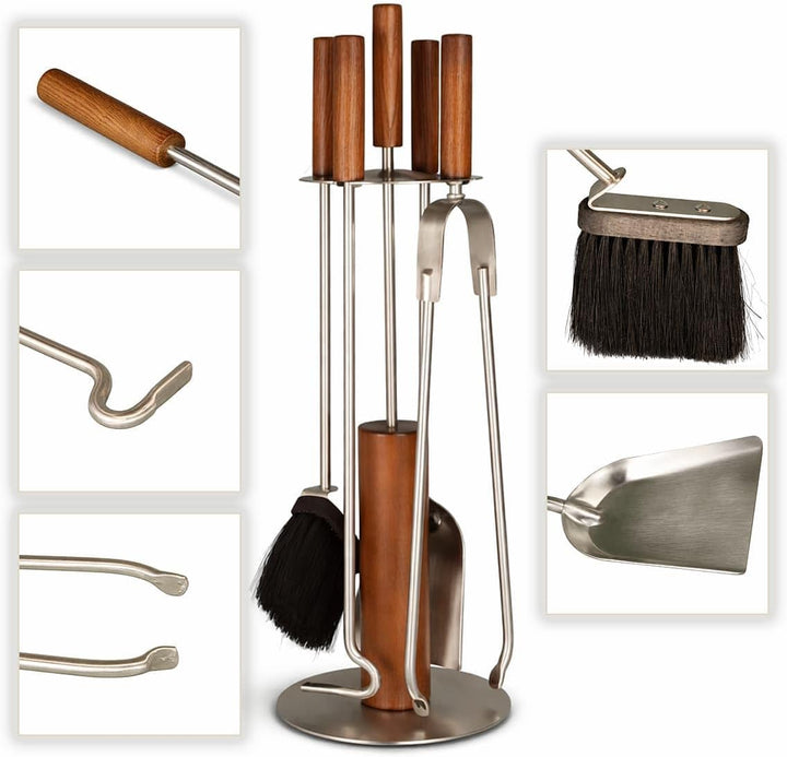 MS Beschläge Kaminbesteck Edelstahl mit Holzgriffen 5-teilig - Kamingarnitur modern - Kaminzubehör S