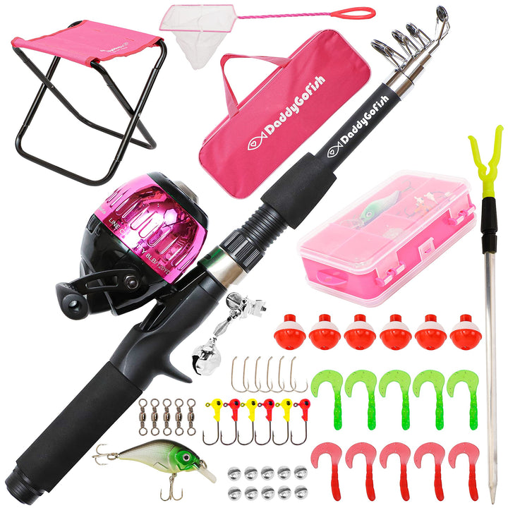 DaddyGoFish Kinder Angelset - Teleskoprute &amp; Rolle Combo mit Klappstuhl, Rutenhalter, Tackle Box, Kö
