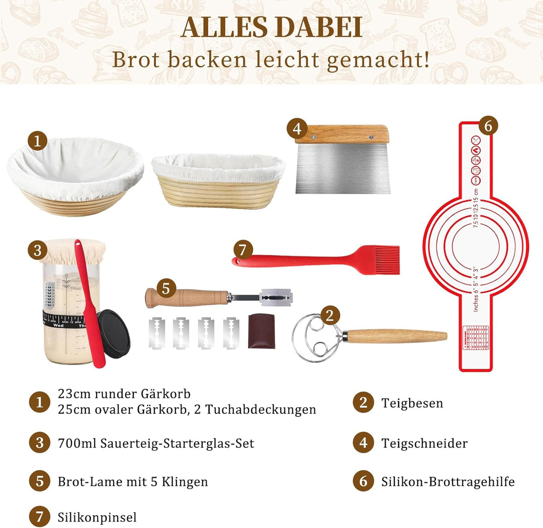 Komplettes Gärkörbchen Sauerteig Starter Set, 700ml Sauerteig Glas mit Gärkorb rund und oval, Spatel