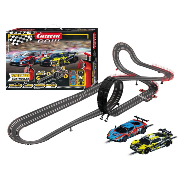 Carrera GO!!! Rennbahn Autorennbahn Super Racers Wireless Set | Grundpackung 62585 | 2 Slotcars inkl