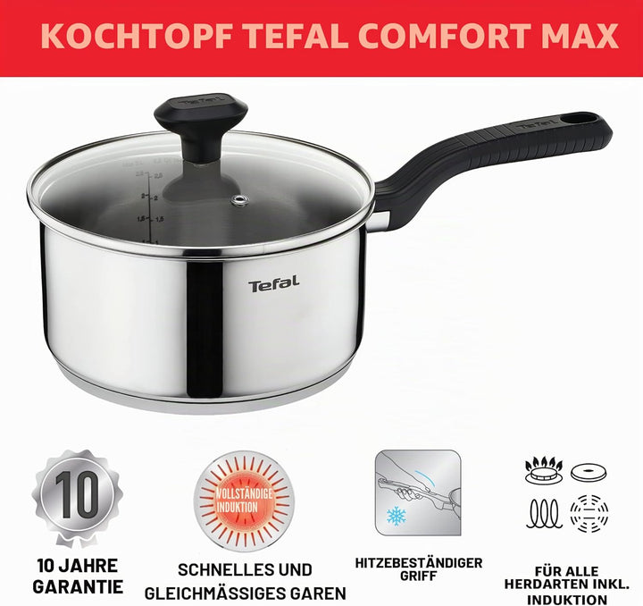 Tefal Comfort Max C9732304 Edelstahl-Kochtopf mit Glasdeckel, langlebiges Kochgeschirr für gesundes