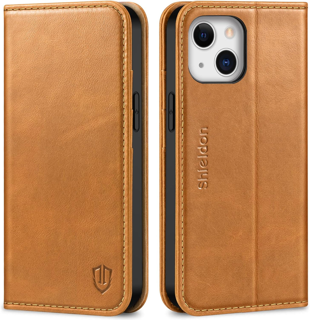 SHIELDON Hülle für iPhone 13 Mini, Schutzhülle [Rindsleder] [Stossfest] [Kartenfächer] [Magnetversch