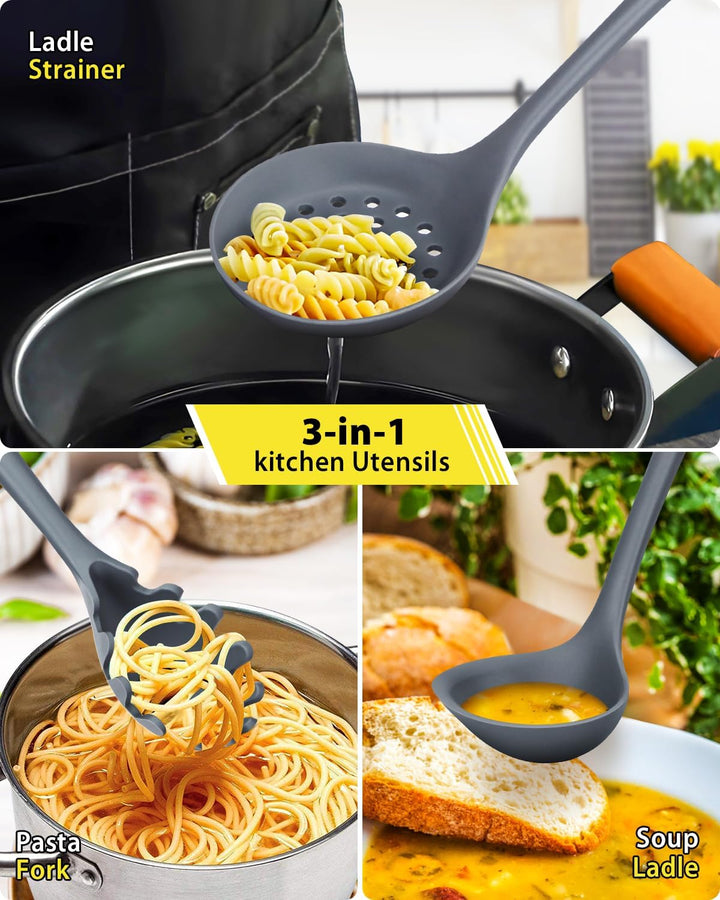 3 Stück Silikon-Küchenutensilien-Set, Suppenkelle-Nudelgabel-Schlitzlöffel, Antihaft-BPA-frei, Hochh