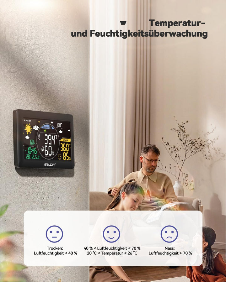 BALDR WLAN-Wetterstation mit App, 7,5-Zoll-Farbdisplay, 3 drahtlose Sensoren, kabellose Wetterstatio