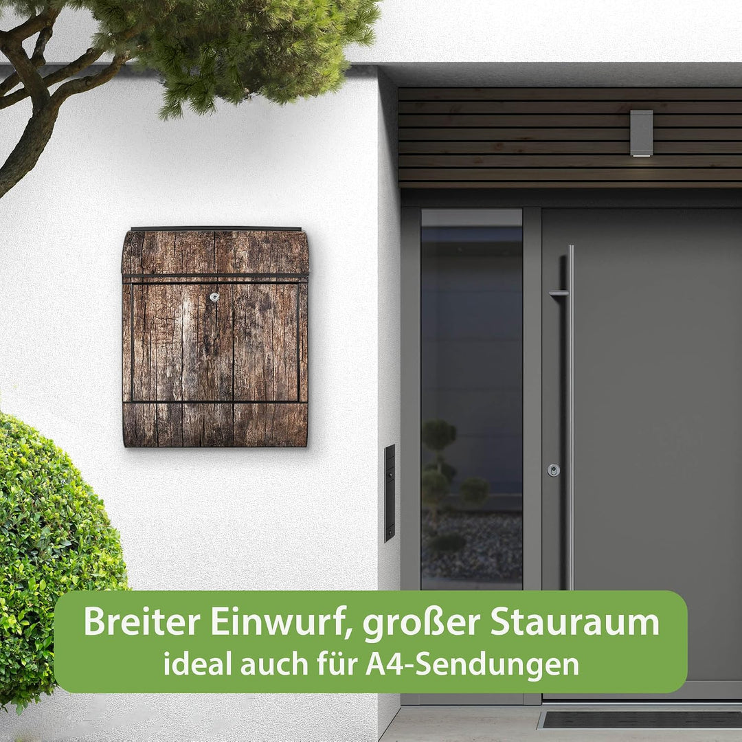 banjado® Design Briefkasten mit Motiv Altes Holz 39x47x14cm &amp; 2 Schlüssel - Briefkasten Stahl schwar