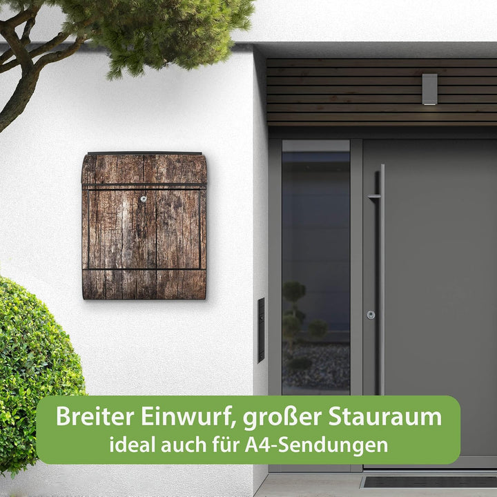 banjado® Design Briefkasten mit Motiv Altes Holz 39x47x14cm &amp; 2 Schlüssel - Briefkasten Stahl schwar