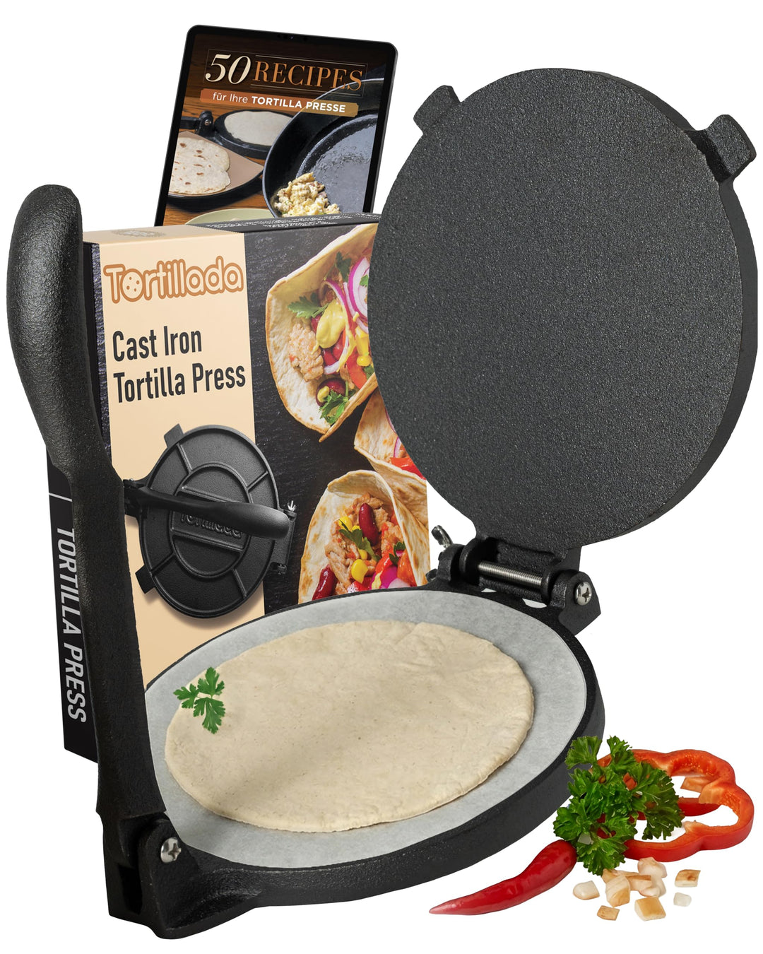 Tortillada - Premium Tortillapresse aus Gusseisen mit Rezepten (30 cm) 12 Inch