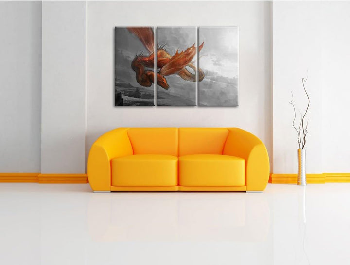 Pixxprint Roter Schlangendrache als Leinwandbild/Grösse: 3 Teilig (120x80) cm/Wandbild/Kunstdruck/fe