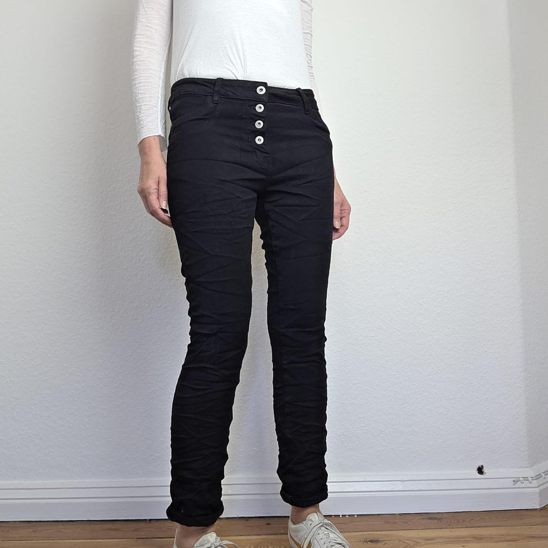 Jewelly Stretch Jeans| im Baggy Boyfriend Schnitt| Damen Hose mit dekorativer Knopfleiste| Perfekter