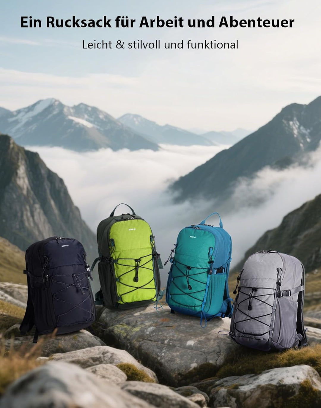 ECOHUB Leichter Atmungsaktiver Wanderrucksack mit Vielen Fächern aus PET Schwarz, Schwarz