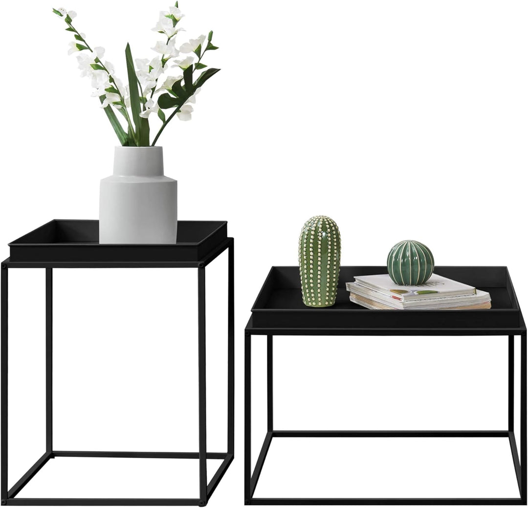 [en.casa] 2er Set Tabletttisch Schwarz mit Abnehmbaren Servierplatten Beistelltisch Set Serviertisch
