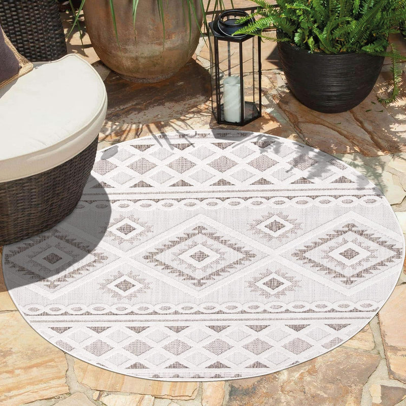 payé Teppich Outdoor Indoor - Rund 120cm - Raute Ornamente Creme Braun Weiss - Boho Design Modern Vi