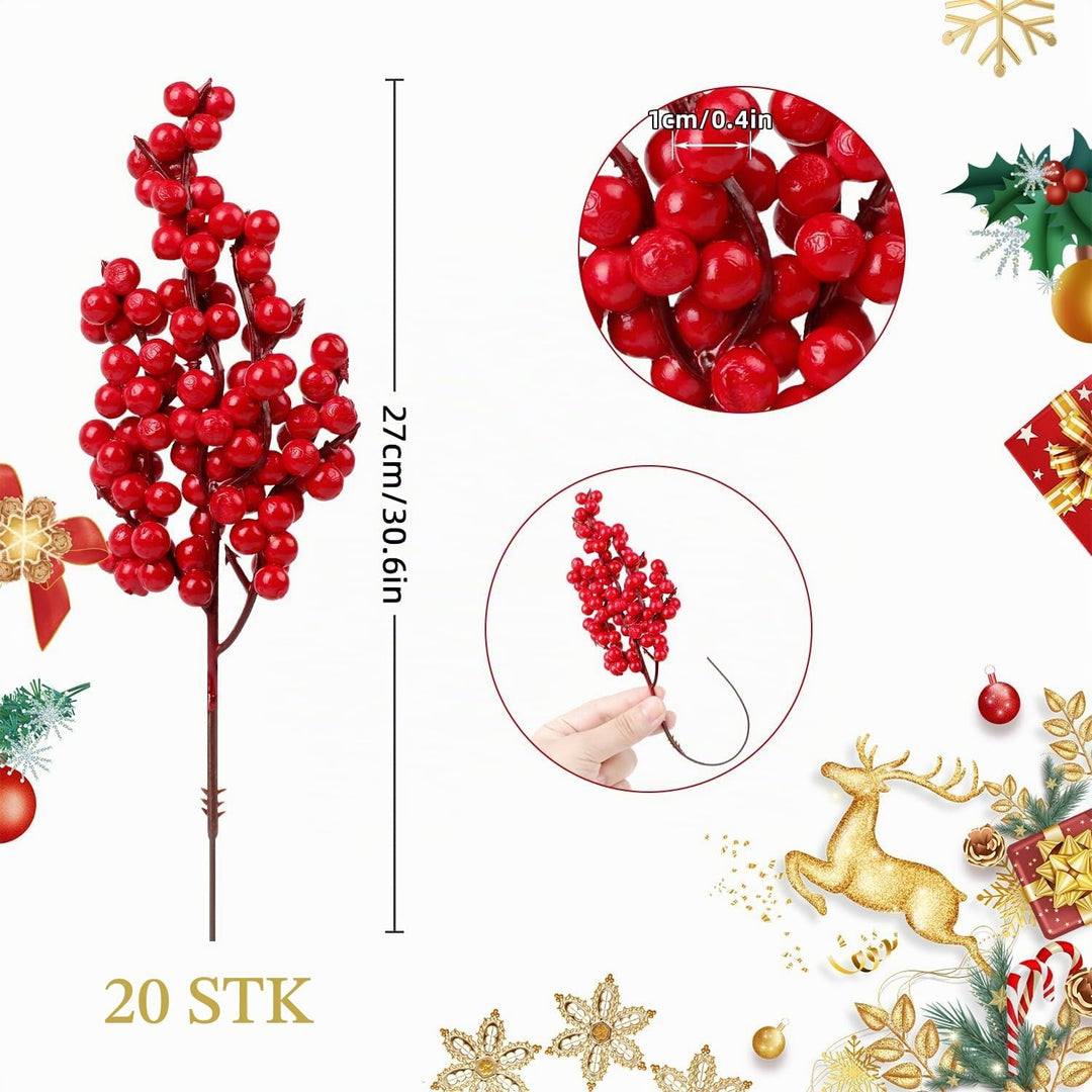 SULOLI 20 Stück Künstlicher Beerenzweig,Gefälschte rote Beeren,Stechpalmenbeeren,künstliche Frostebe