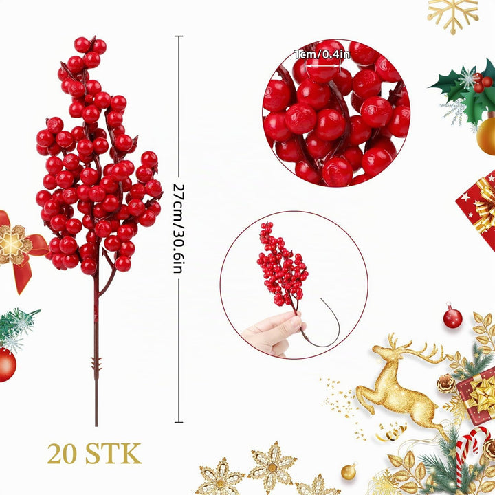 SULOLI 20 Stück Künstlicher Beerenzweig,Gefälschte rote Beeren,Stechpalmenbeeren,künstliche Frostebe