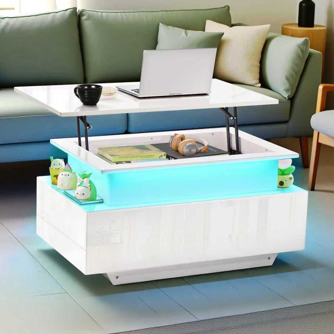 Höhenverstellbarer Couchtisch, Wohnzimmertisch Hochglanz mit LED-Beleuchtung, Offenem Ausstellungsre