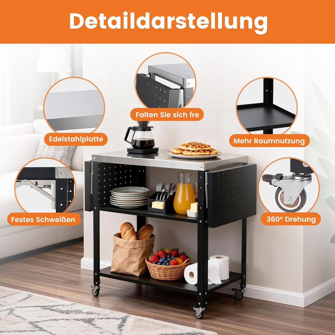 Gourmet Grilltisch Klappbar Servierwagen 3 Etagen Küchenwagen, Edelstahl Grillwagen Beistelltisch Ou
