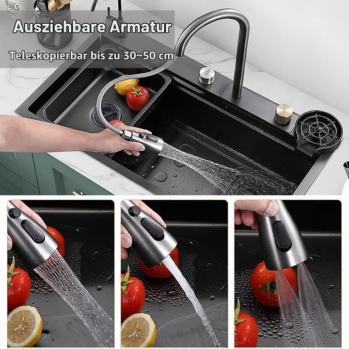 Spülbecken Küchenspüle Waschbecken Küche Edelstahl, Waterfall Spüle Küche Schwarz Mit Cup Washer, Ei