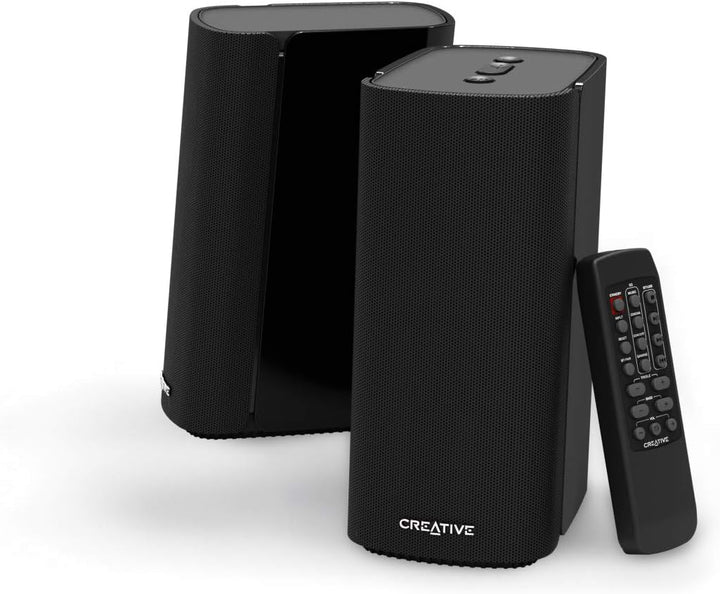 Creative T100 Kompakte 2.0-Hi-Fi-Desktop-Lautsprecher, bis zu 80W Spitzenleistung mit Bluetooth 5.0,