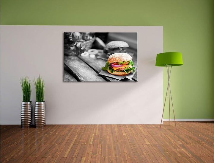 Pixxprint Leckere Burger als Leinwandbild/Grösse: 100x70 / Wandbild/Kunstdruck/fertig bespannt, 100x