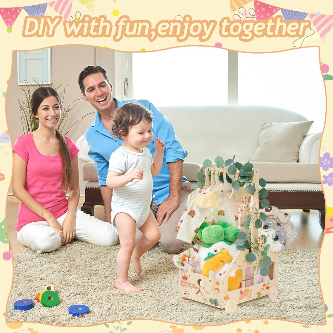 Babyparty Geschenk mit Griff Wickelkorb mit Holzrädern Kinder Holz Holzkiste Babygeschenk Geschenkko