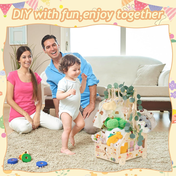Babyparty Geschenk mit Griff Wickelkorb mit Holzrädern Kinder Holz Holzkiste Babygeschenk Geschenkko