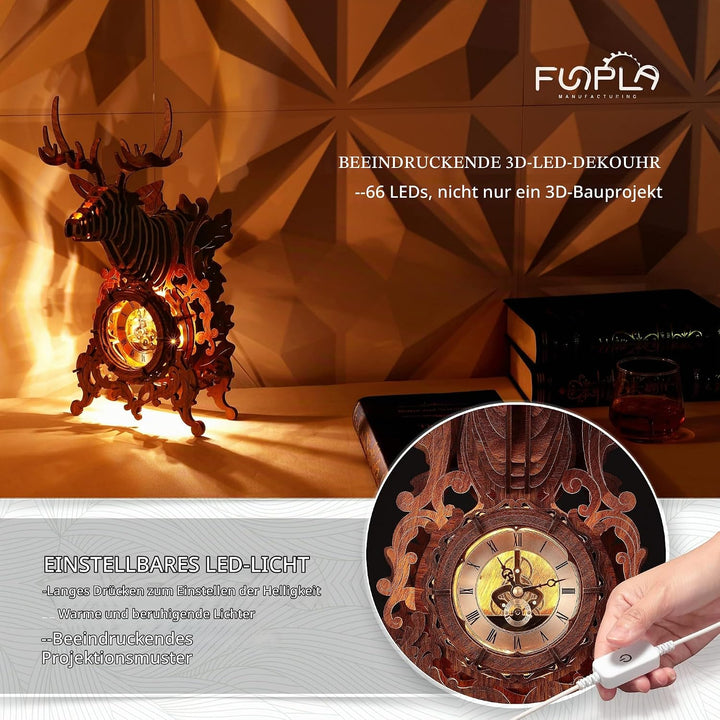 FUNPOLA LED 3D Holzpuzzle Hirschuhr, 3D Puzzle Elchuhr Gebäudemodell, Wohnkultur 3D Puzzle für Erwac