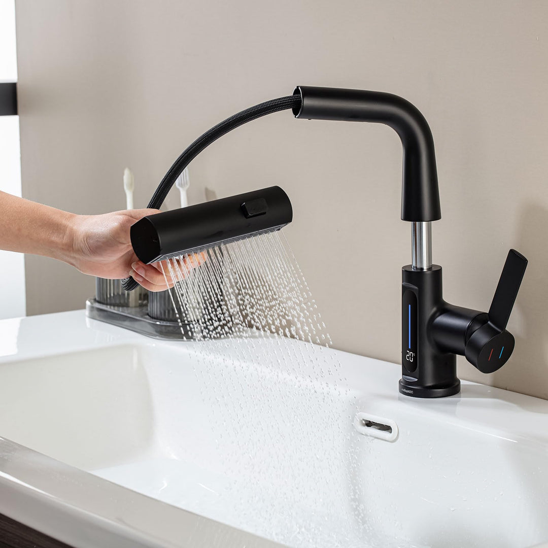 Wasserhahn Bad 360°Schwenkbar Spültischarmatur LED Temperaturanzeige,Aufsatzwaschbecken mit 3 Wasser