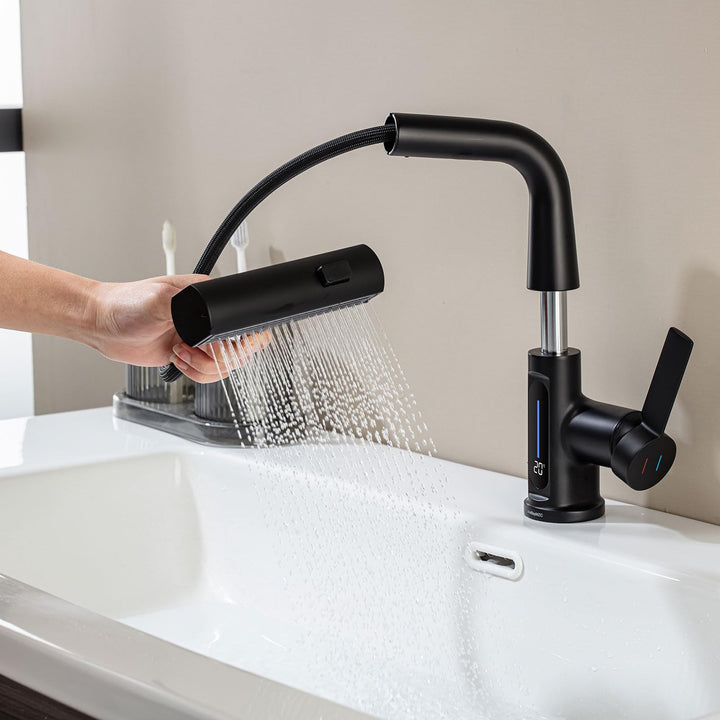 Wasserhahn Bad 360°Schwenkbar Spültischarmatur LED Temperaturanzeige,Aufsatzwaschbecken mit 3 Wasser