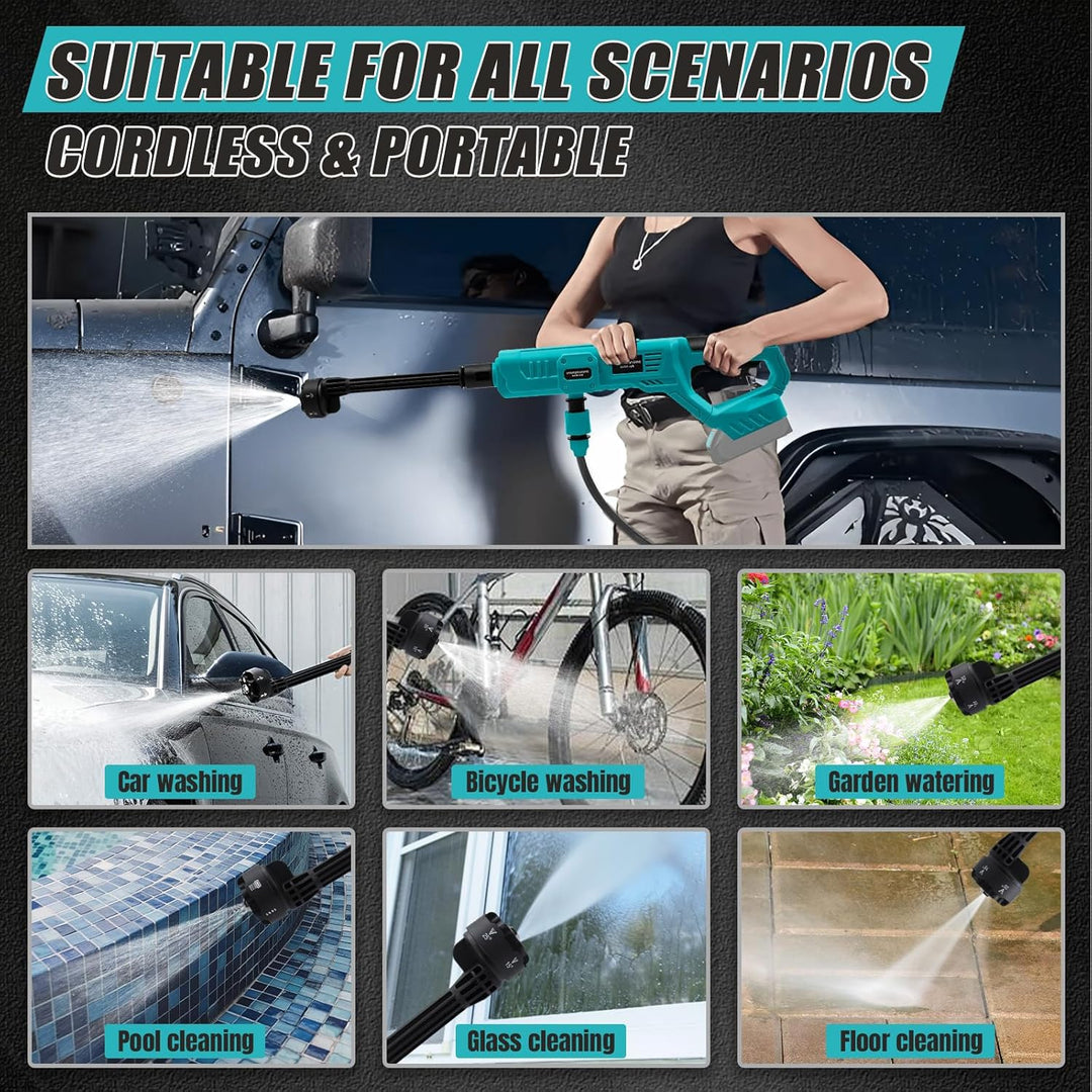 Makita 18V Kabelloser Hochdruckreiniger mit Multi-Sprühdüse, 5M Schlauch, Schaumkrug für Auto, Terra