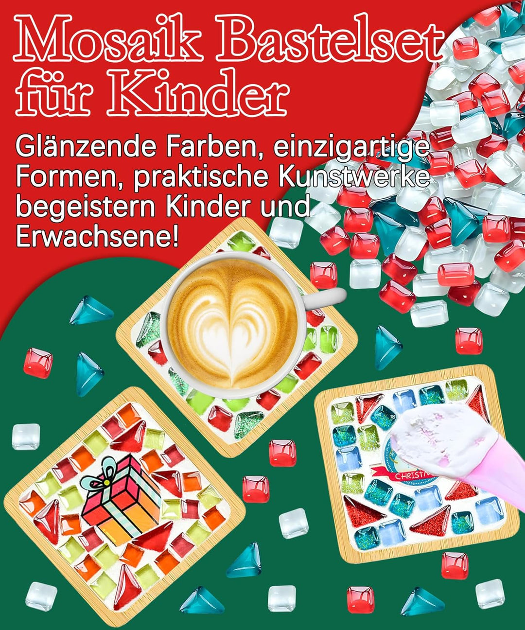 Finsink Mosaik bastelset kinder 4pcs Weihnachten Mosaik Untersetzer Bastelset DIY Holz Untersetzer S