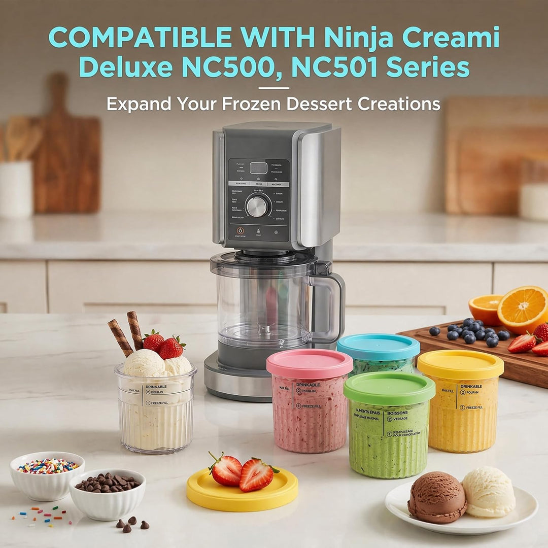 4er Behälter Set für Ninja CREAMi Deluxe, 24oz Ice Cream Pints mit bunten Deckeln, inklusive 4 Mini-