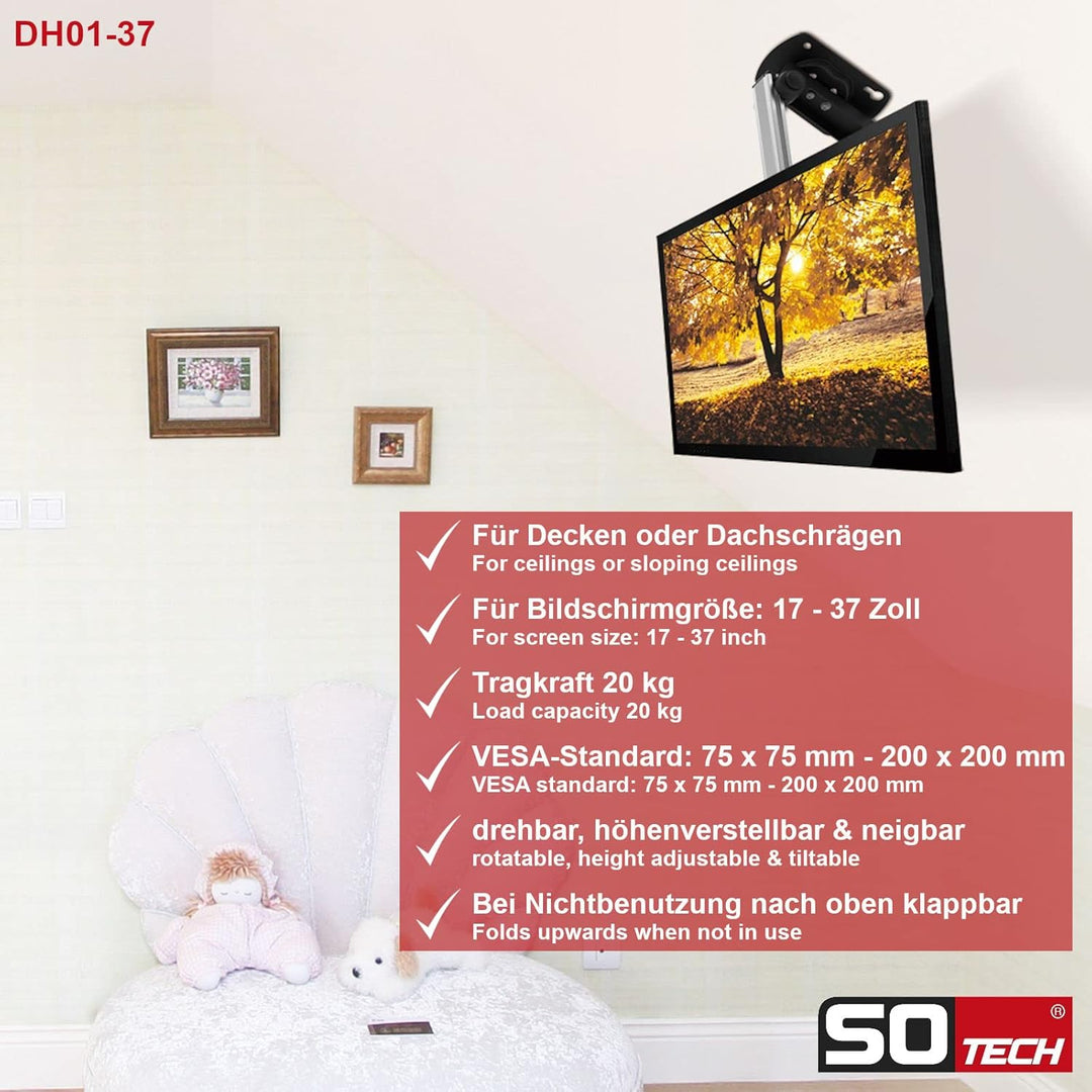 SOTECH klappbare TV Deckenhalterung DH-01-37 | klappbare, drehbare, höhenverstellbare, neigbare TV H