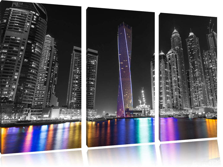 Pixxprint Skyline von Dubai bei Nacht als Leinwandbild | Grösse: 3 Teilig (120x80) | Wandbild| Kunst