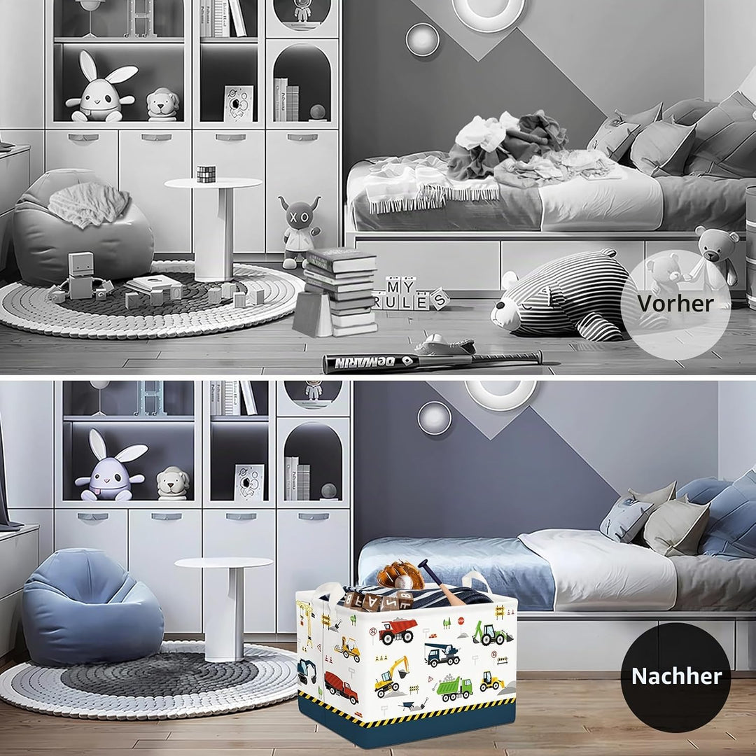 Clastyle Cartoon Bau LKW Jungen Würfel Aufbewahrungskorb für Babyzimmer Bagger Bulldozer Blau Wasser