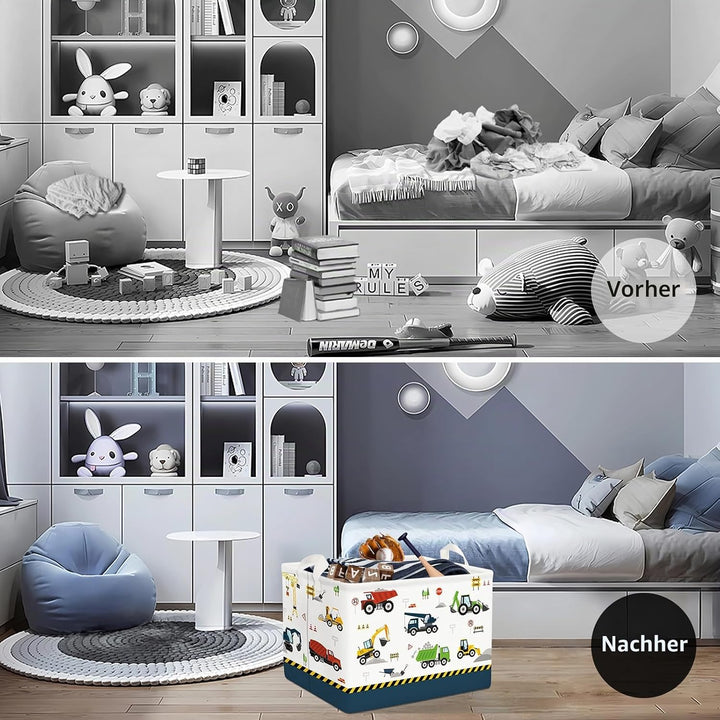 Clastyle Cartoon Bau LKW Jungen Würfel Aufbewahrungskorb für Babyzimmer Bagger Bulldozer Blau Wasser