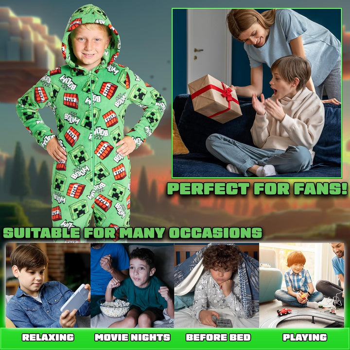 Minecraft Onesie Creeper Fleece Jumpsuit Sleepsuit Gamer Geschenk Schlafoverall mit Kapuze für Junge