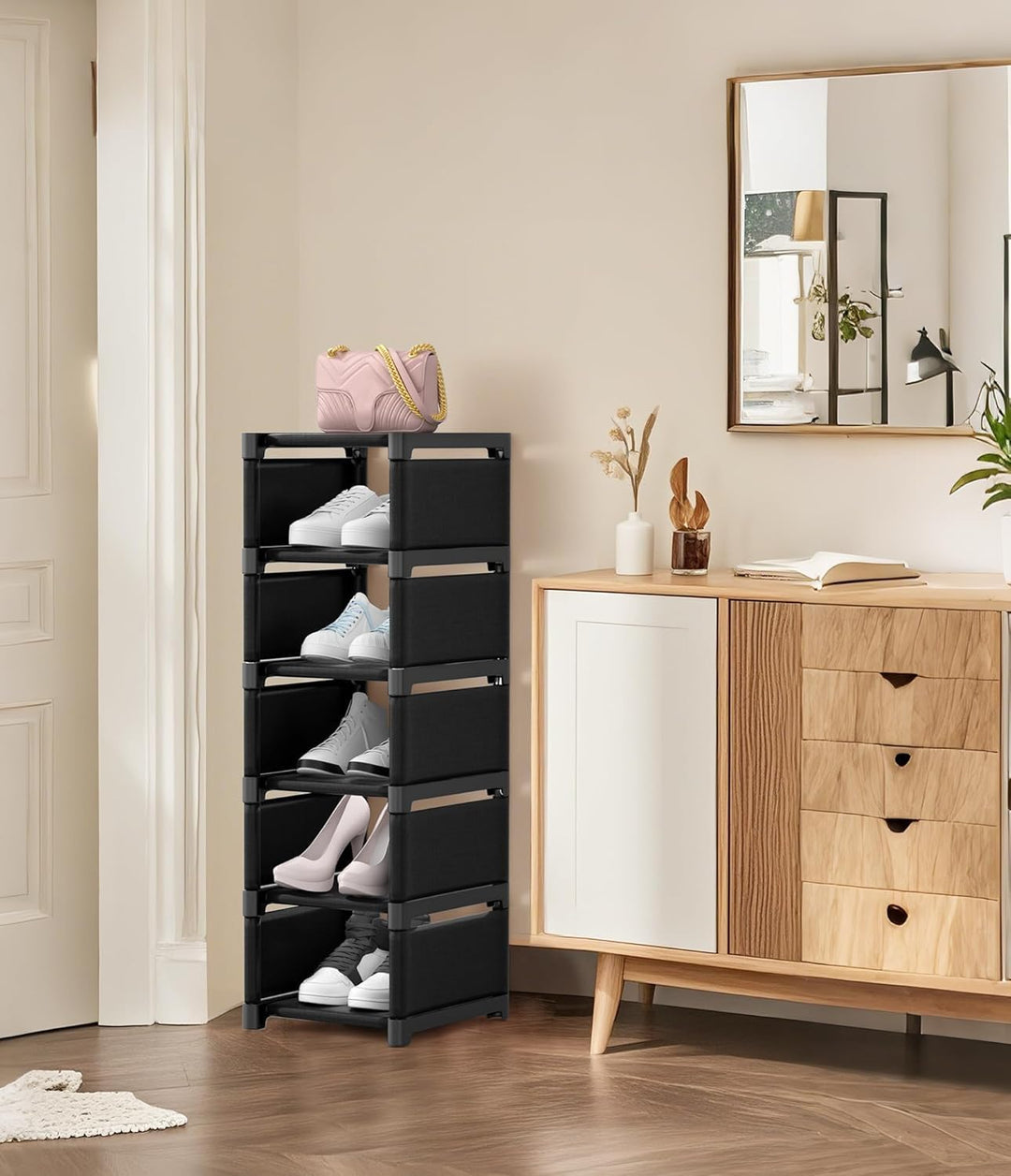 Yeahbo Schuhregal Schmal und Hoch Schwarz mit 6 Ebenen, Schmaler Schuhschrank, Schuhregal Platzspare