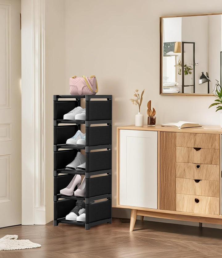 Yeahbo Schuhregal Schmal und Hoch Schwarz mit 6 Ebenen, Schmaler Schuhschrank, Schuhregal Platzspare