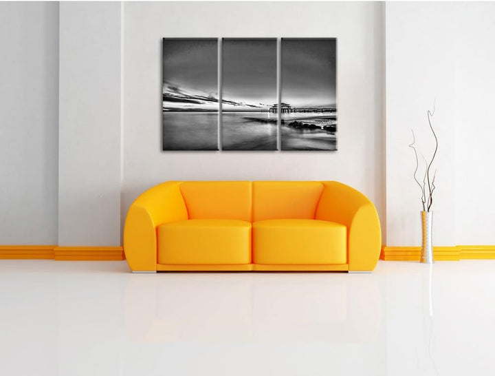 Pixxprint Monocrome, Timmendorfer Strand bei Sonnenuntergang 3-Teiler Leinwandbild 120x80 Bild auf L