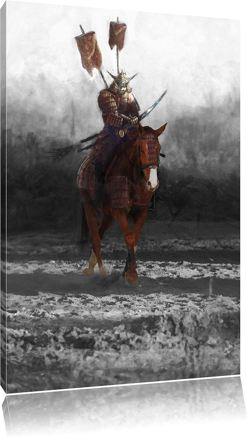 Pixxprint Samurai Krieger auf einem Pferd als Leinwandbild/Grösse: 100x70 cm/Wandbild/Kunstdruck/fer