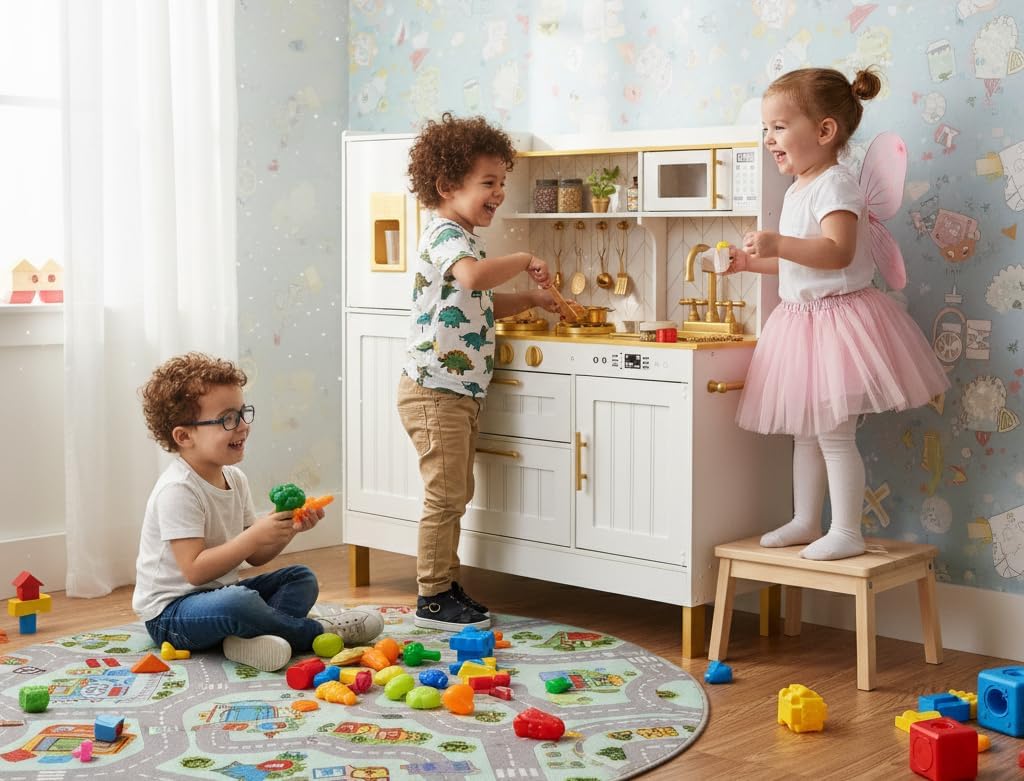 Leomark Kinderküche aus Holz Grosse Gold Spielküche Holzküche mit Zubehör Spielzeugküche für Kinder