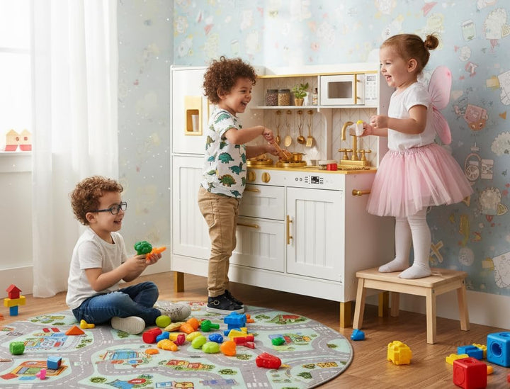 Leomark Kinderküche aus Holz Grosse Gold Spielküche Holzküche mit Zubehör Spielzeugküche für Kinder